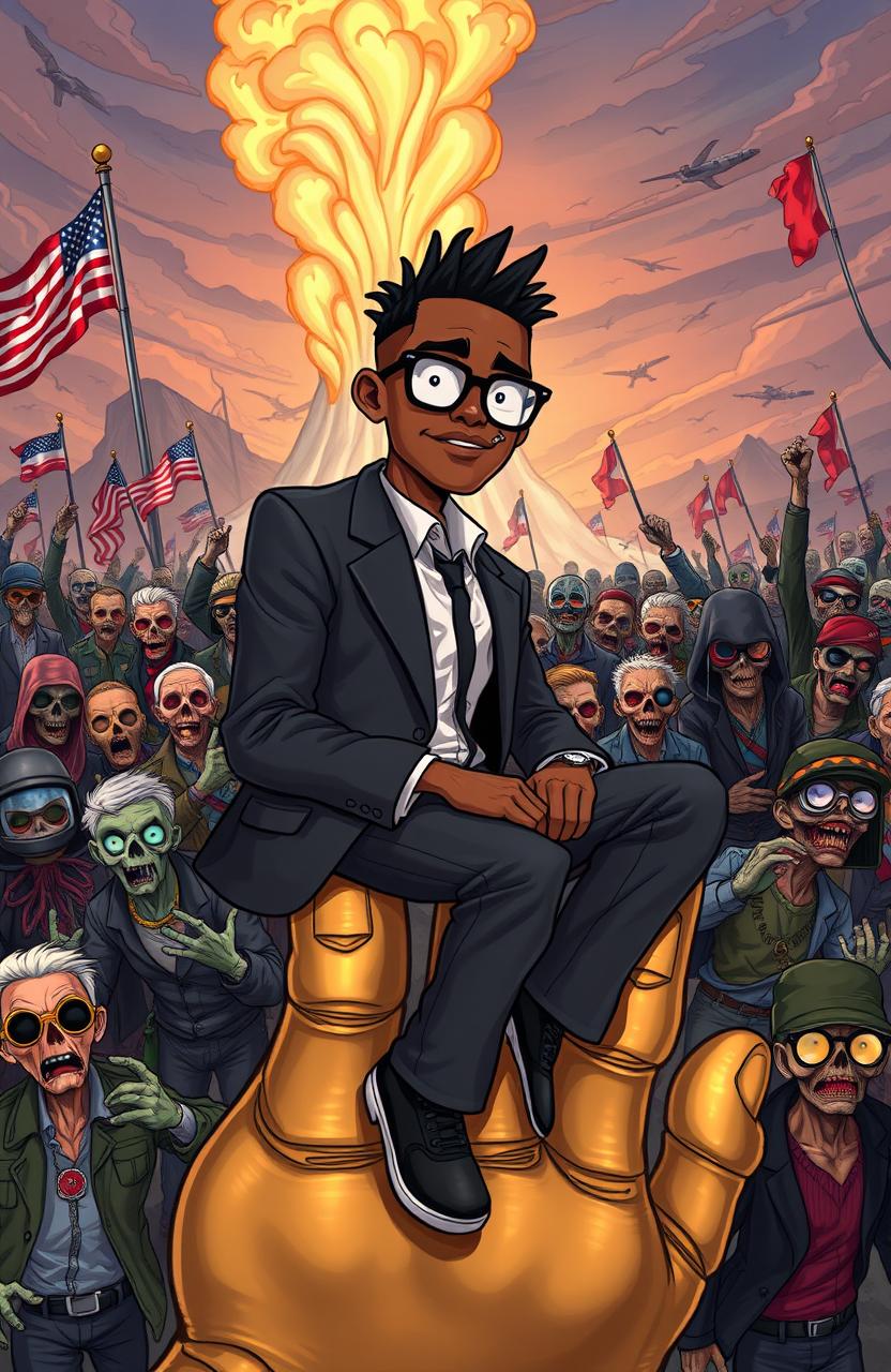 A cartoon depicting a young black man with a nose ring stud, wearing glasses and cornrows, dressed in a stylish business casual suit