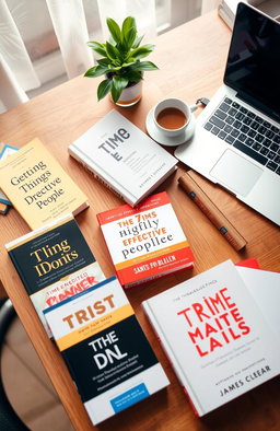 A collection of time management books laid out on a wooden desk, featuring titles like 'Getting Things Done' by David Allen, 'The 7 Habits of Highly Effective People' by Stephen R