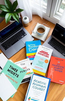 A collection of time management books laid out on a wooden desk, featuring titles like 'Getting Things Done' by David Allen, 'The 7 Habits of Highly Effective People' by Stephen R