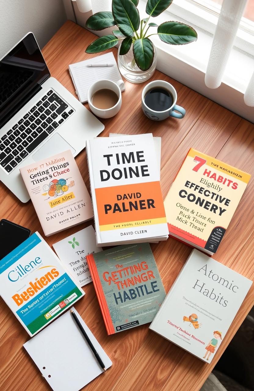 A collection of time management books laid out on a wooden desk, featuring titles like 'Getting Things Done' by David Allen, 'The 7 Habits of Highly Effective People' by Stephen R