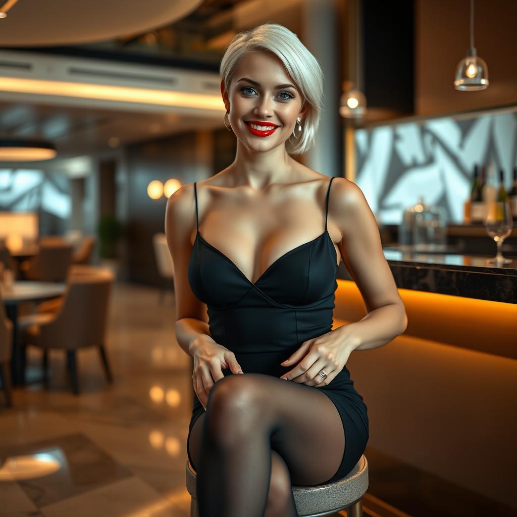 A realistic image of a beautiful smiling young woman with sleek platinum short hair and glossy red lipstick, featuring captivating blue eyes