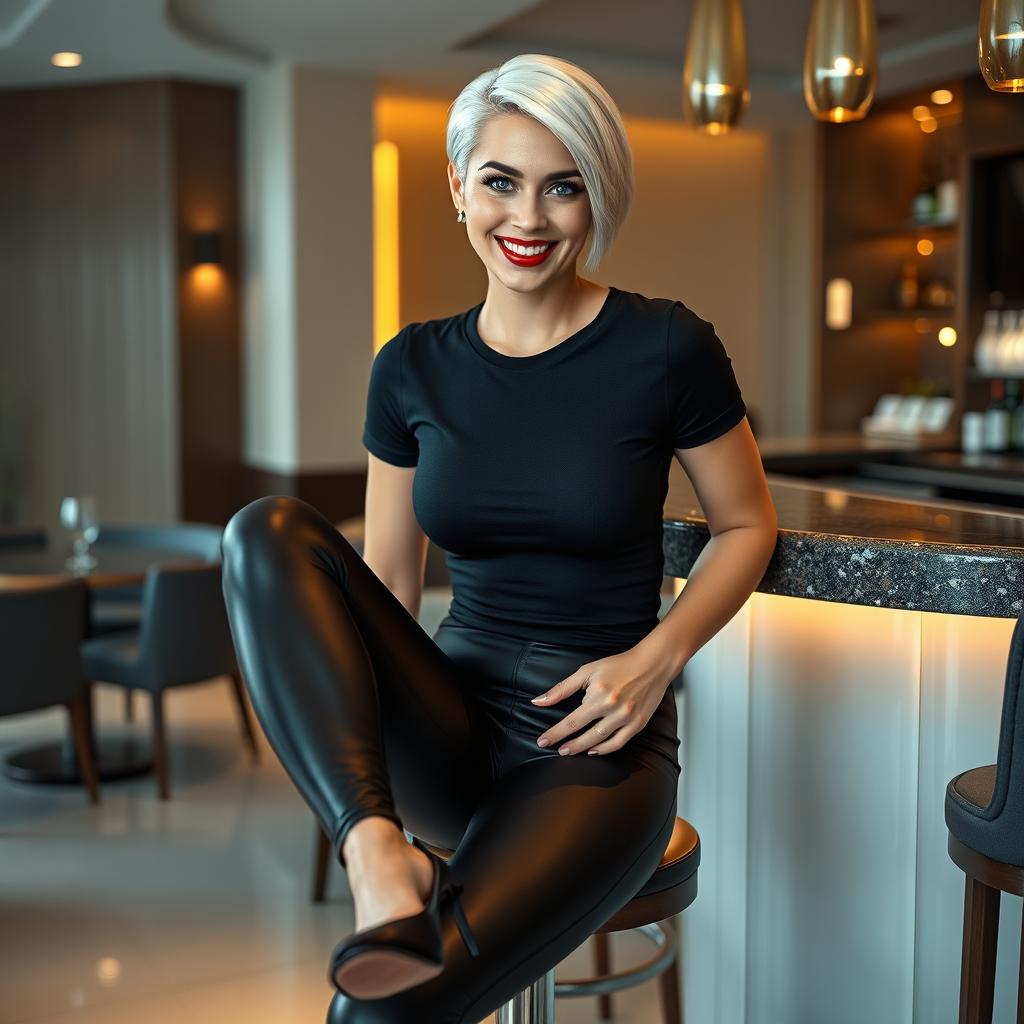 A realistic image of a beautiful smiling young woman with platinum short sleek hair and glossy red lipstick, featuring striking blue eyes