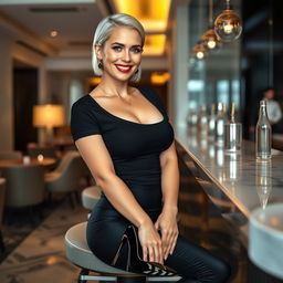 A realistic image of a beautiful smiling young woman with platinum short sleek hair and glossy red lipstick, featuring striking blue eyes