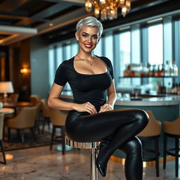 A realistic image of a beautiful smiling young woman with platinum short sleek hair and glossy red lipstick, featuring striking blue eyes