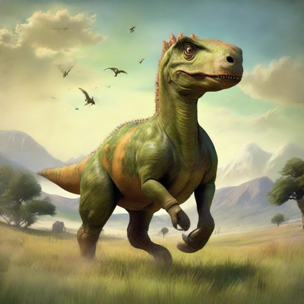 A whimsical scene of a dinosaur, mounted comfortably on the back of a galloping horse, trotting through a wide, sprawling meadow.