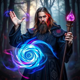 A powerful and mysterious male wizard, dressed in dark, intricately designed robes adorned with arcane symbols and glowing sigils