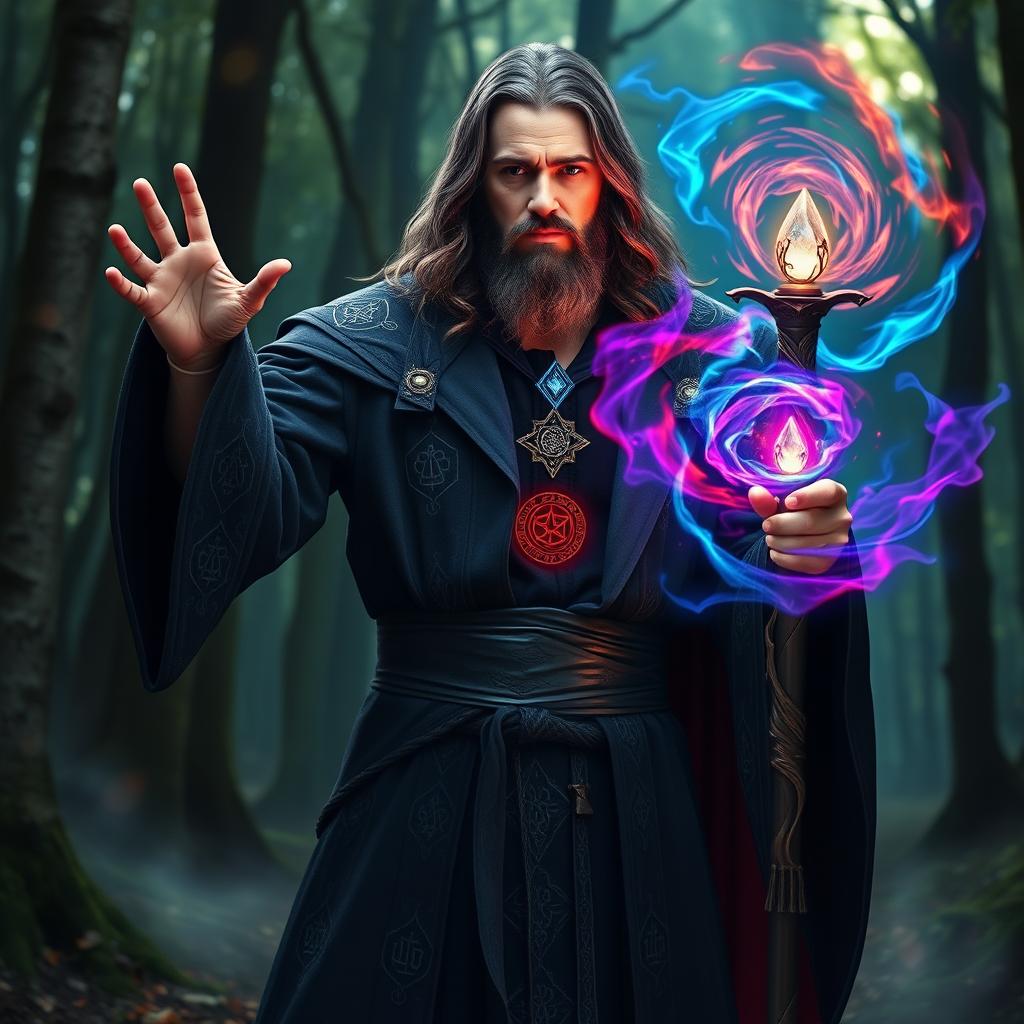 A powerful and mysterious male wizard, dressed in dark, intricately designed robes adorned with arcane symbols and glowing sigils