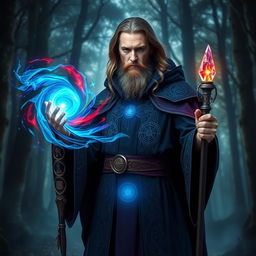 A powerful and mysterious male wizard, dressed in dark, intricately designed robes adorned with arcane symbols and glowing sigils