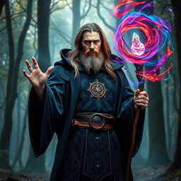 A powerful and mysterious male wizard, dressed in dark, intricately designed robes adorned with arcane symbols and glowing sigils