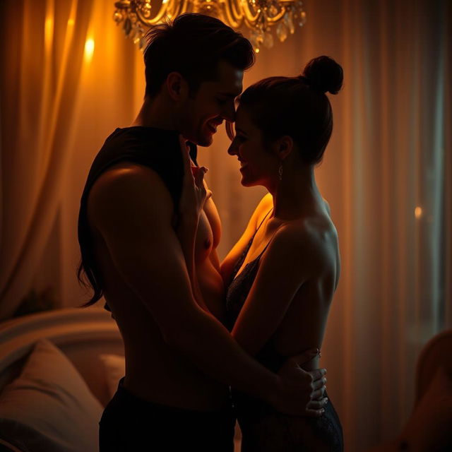 A captivating and intimate scene depicting a sensual couple in a dimly lit room