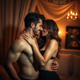 A captivating and intimate scene depicting a sensual couple in a dimly lit room