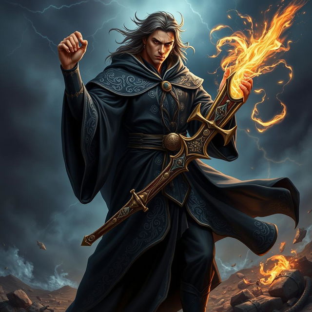 A formidable male wizard, known as a 'brujo,' clad in flowing dark robes that feature intricate silver embroidery