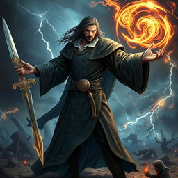 A formidable male wizard, known as a 'brujo,' clad in flowing dark robes that feature intricate silver embroidery
