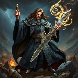 A formidable male wizard, known as a 'brujo,' clad in flowing dark robes that feature intricate silver embroidery