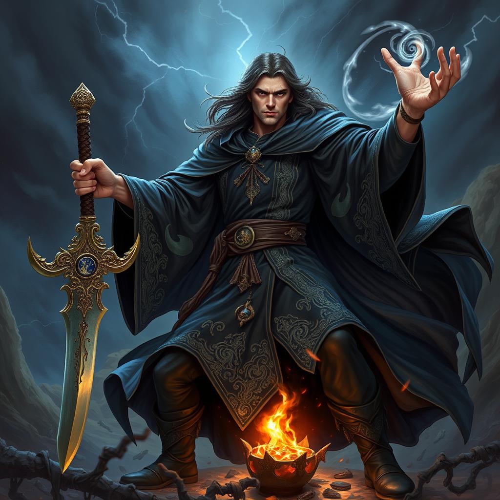 A formidable male wizard, known as a 'brujo,' clad in flowing dark robes that feature intricate silver embroidery