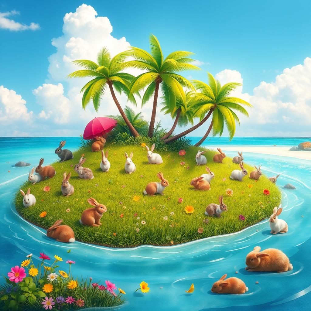 A whimsical island covered in lush green grass and colorful flowers, populated by a variety of cute rabbits in different breeds and colors enjoying their surroundings