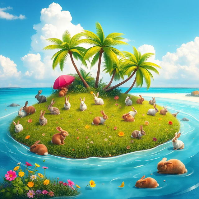 A whimsical island covered in lush green grass and colorful flowers, populated by a variety of cute rabbits in different breeds and colors enjoying their surroundings