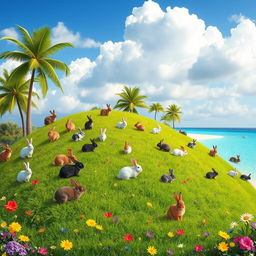 A whimsical island covered in lush green grass and colorful flowers, populated by a variety of cute rabbits in different breeds and colors enjoying their surroundings