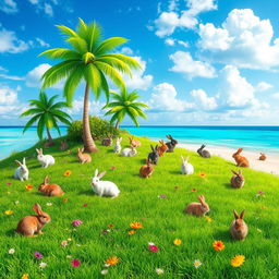 A whimsical island covered in lush green grass and colorful flowers, populated by a variety of cute rabbits in different breeds and colors enjoying their surroundings