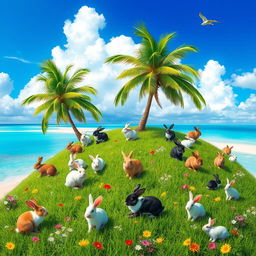 A whimsical island covered in lush green grass and colorful flowers, populated by a variety of cute rabbits in different breeds and colors enjoying their surroundings