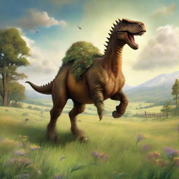 A whimsical scene of a dinosaur, mounted comfortably on the back of a galloping horse, trotting through a wide, sprawling meadow.