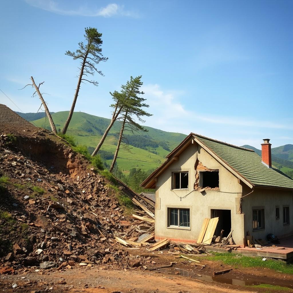 A dramatic scene depicting a broken house on the right that is severely damaged and uninhabitable due to a landslide that has occurred on the left