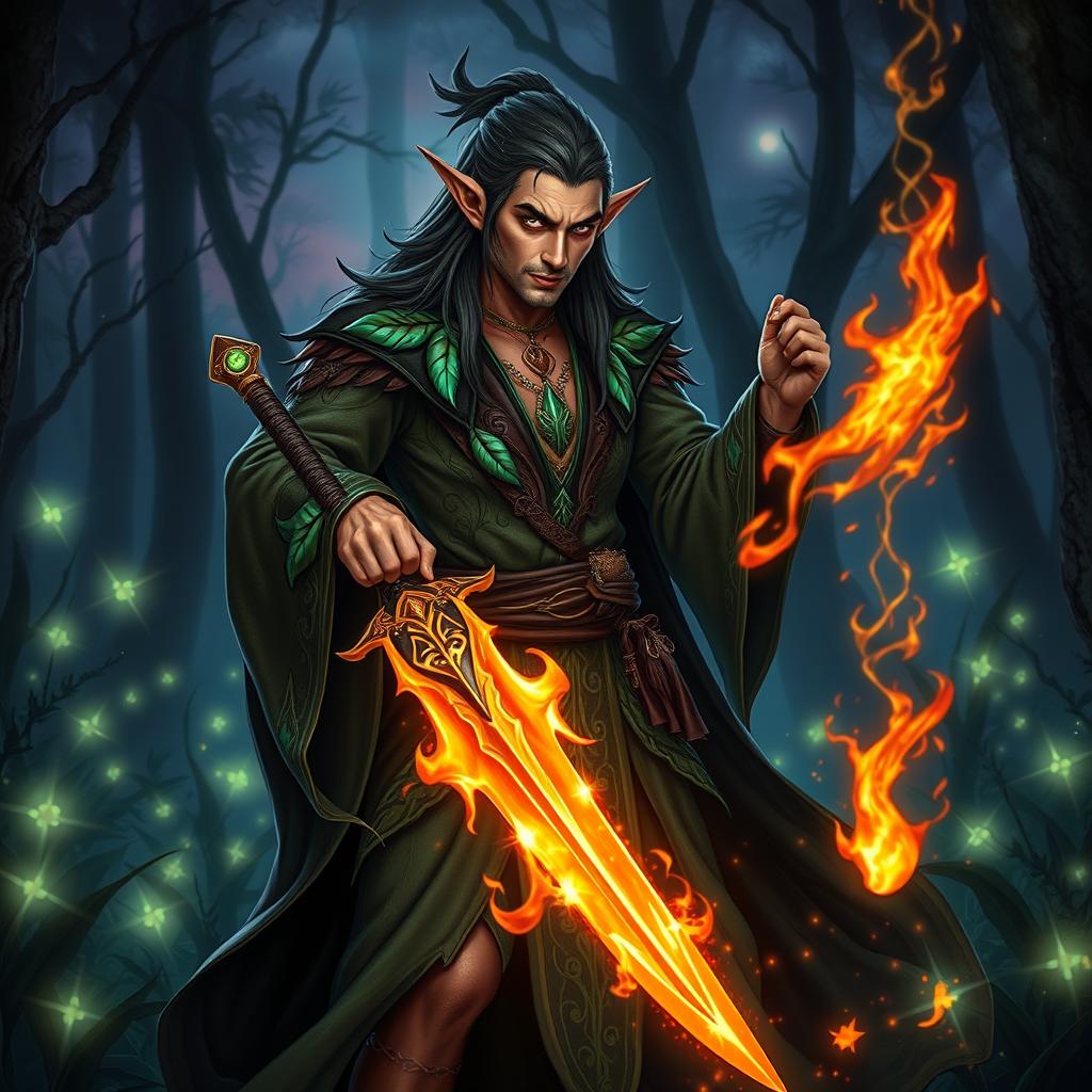 An elegant elven wizard, known as a 'brujo,' elegantly dressed in flowing robes adorned with intricate leaf patterns and shimmering emerald accents