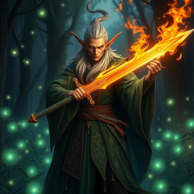 An elegant elven wizard, known as a 'brujo,' elegantly dressed in flowing robes adorned with intricate leaf patterns and shimmering emerald accents