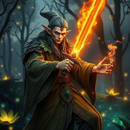 An elegant elven wizard, known as a 'brujo,' elegantly dressed in flowing robes adorned with intricate leaf patterns and shimmering emerald accents