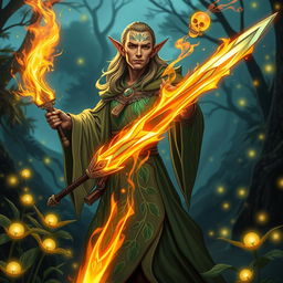 An elegant elven wizard, known as a 'brujo,' elegantly dressed in flowing robes adorned with intricate leaf patterns and shimmering emerald accents