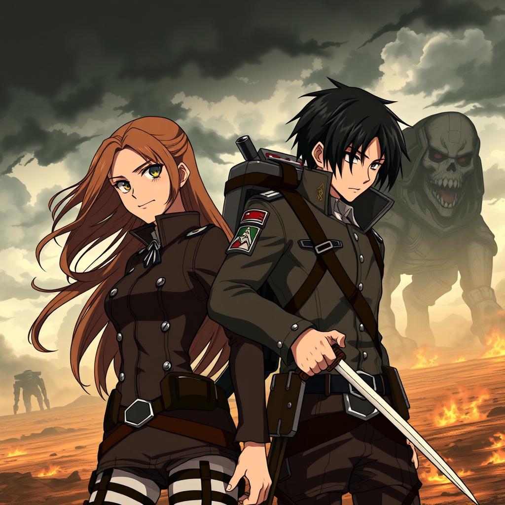 A dynamic scene featuring a strong, determined girl alongside Levi Ackerman from the anime 'Attack on Titan