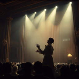 An actor dramatically performing on a large theater stage, bathed in soft, subdued lighting
