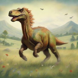 A whimsical scene of a dinosaur, mounted comfortably on the back of a galloping horse, trotting through a wide, sprawling meadow.