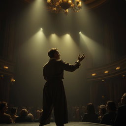An actor dramatically performing on a large theater stage, bathed in soft, subdued lighting