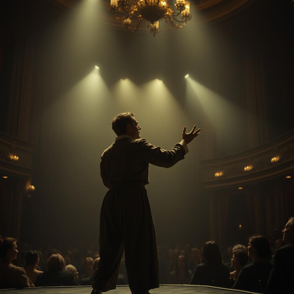 An actor dramatically performing on a large theater stage, bathed in soft, subdued lighting