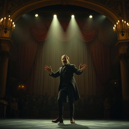An actor dramatically performing on a large theater stage, bathed in soft, subdued lighting