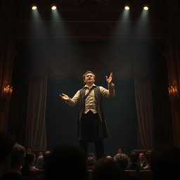 An actor dramatically performing on a large theater stage, bathed in soft, subdued lighting