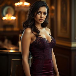 A sexy brunette milf wearing a form-fitting, elegant dress that accentuates her curves