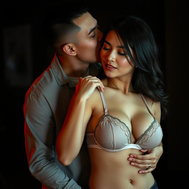 A 37-year-old Indonesian man with pure white skin, dressed casually, embracing a beautiful 28-year-old woman affectionately from behind