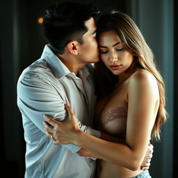 A 37-year-old Indonesian man with pure white skin, dressed casually, embracing a beautiful 28-year-old woman affectionately from behind