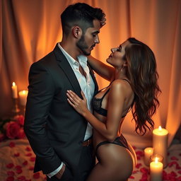 A sensual and intimate moment between a man and a woman, showcasing a romantic atmosphere