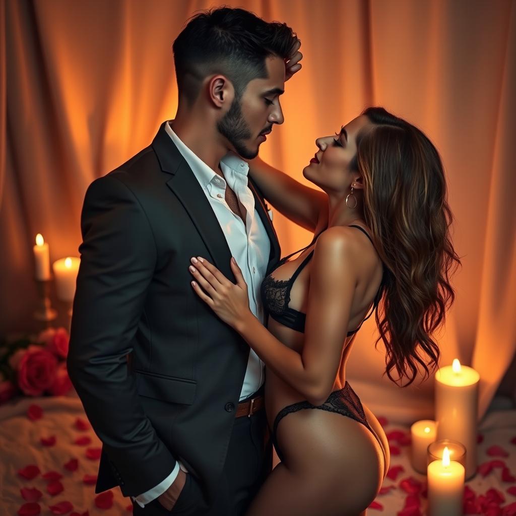 A sensual and intimate moment between a man and a woman, showcasing a romantic atmosphere