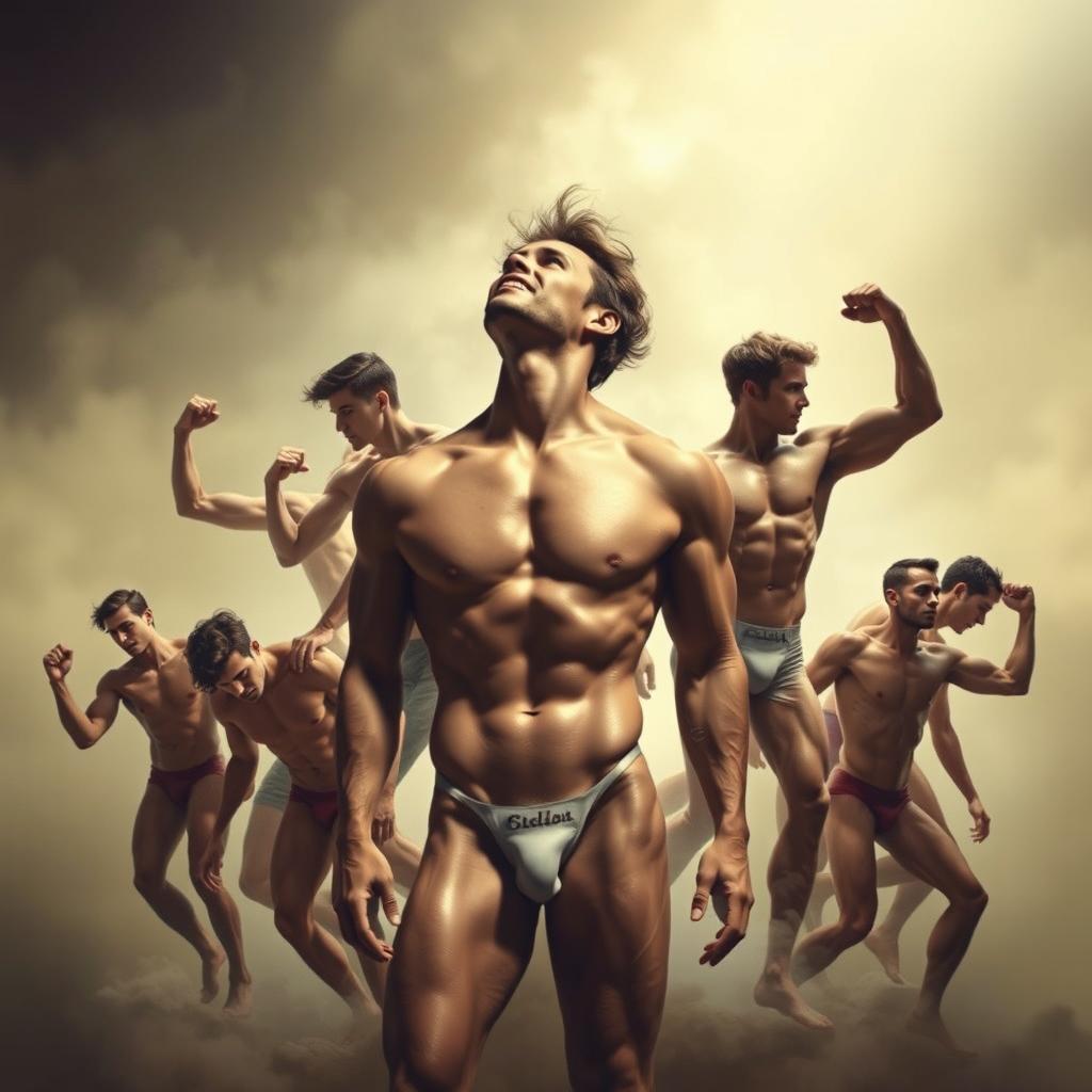 A powerful and evocative artistic representation of the human form, showcasing various muscular male figures in an abstract and tasteful manner