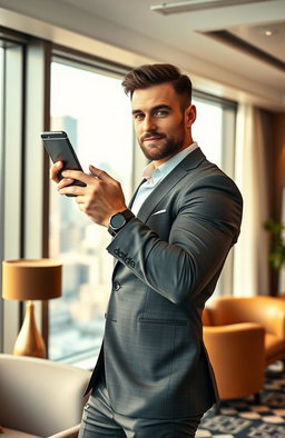 A hot, handsome billionaire boss standing confidently in a luxurious office setting