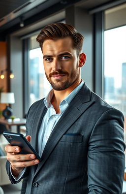 A hot, handsome billionaire boss standing confidently in a luxurious office setting