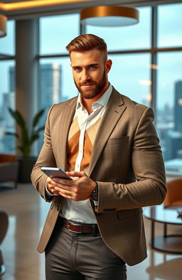 A hot, handsome billionaire boss standing confidently in a luxurious office setting