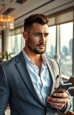 A hot, handsome billionaire boss standing confidently in a luxurious office setting