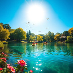 A bright and inviting environment showcasing a clear, tranquil lake surrounded by lush greenery