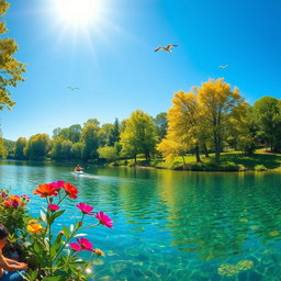 A bright and inviting environment showcasing a clear, tranquil lake surrounded by lush greenery