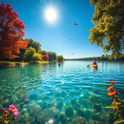 A bright and inviting environment showcasing a clear, tranquil lake surrounded by lush greenery